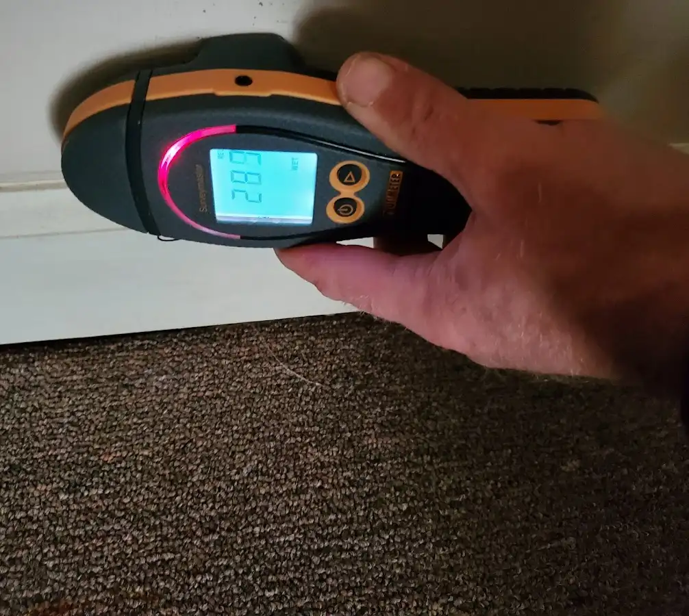 Moisture detection at baseboard during Storm Damage Restoration in Mills River